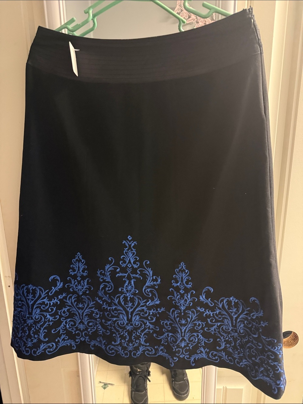 SilkLand Black A-Line Skirt with Blue Embroidered Hem